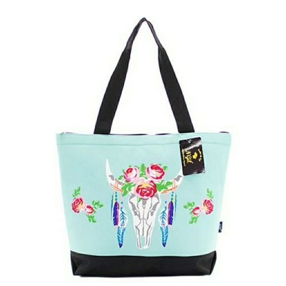 MINT GREEN STEER HEAD CANVAS TOTE BAG! - Picture 1 of 4